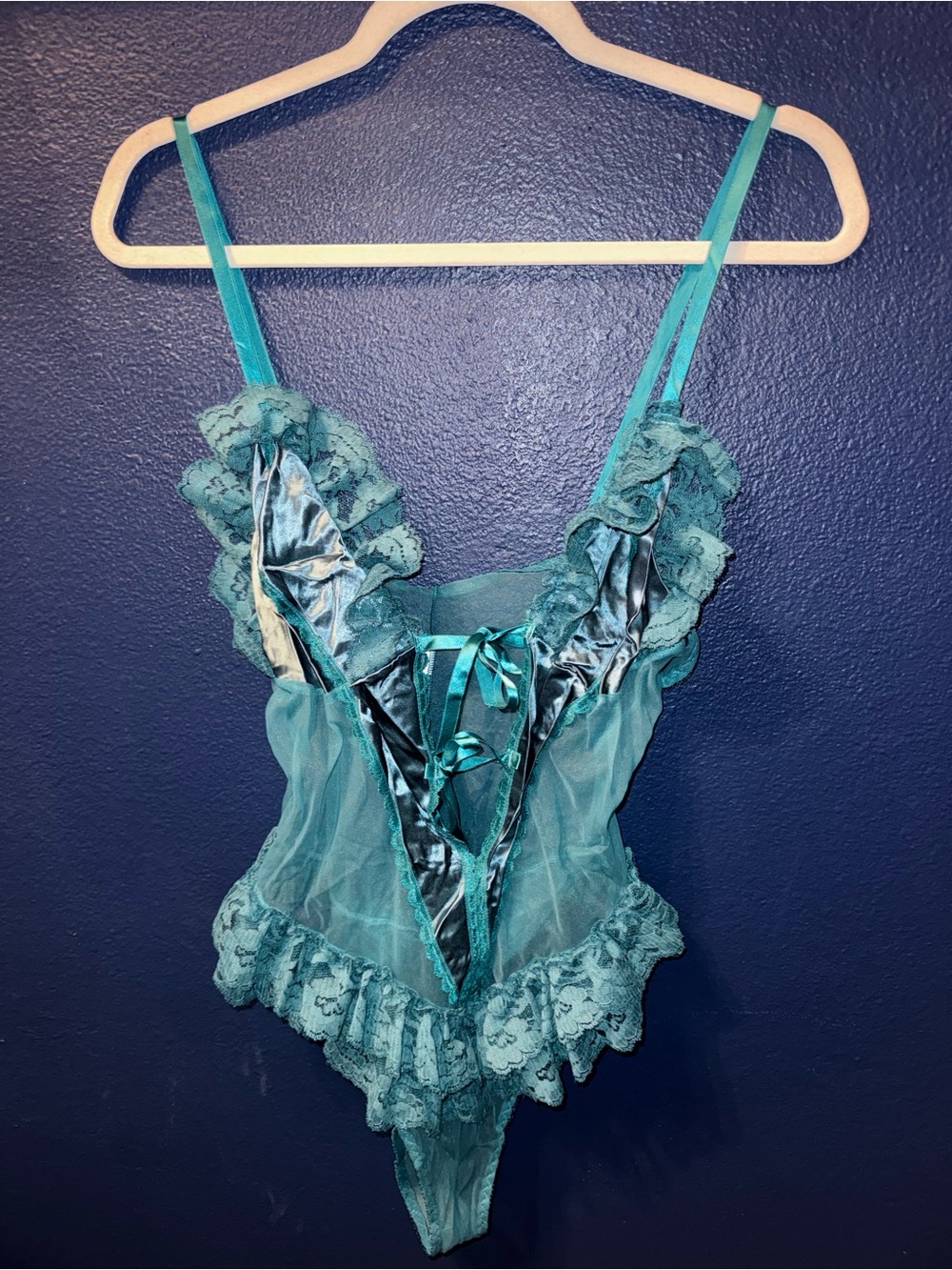 Vintage 70s Frederick of Hollywood teal Lace & Satin Bodysuit Lingerie
